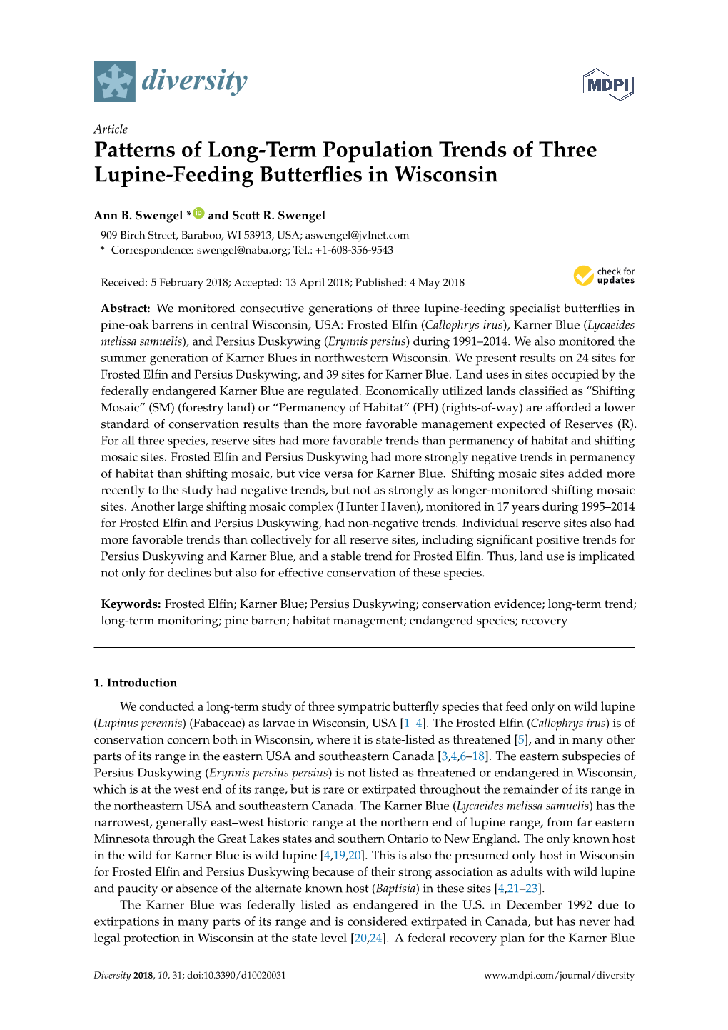 Patterns of Long-Term Population Trends of Three Lupine-Feeding Butterflies in Wisconsin