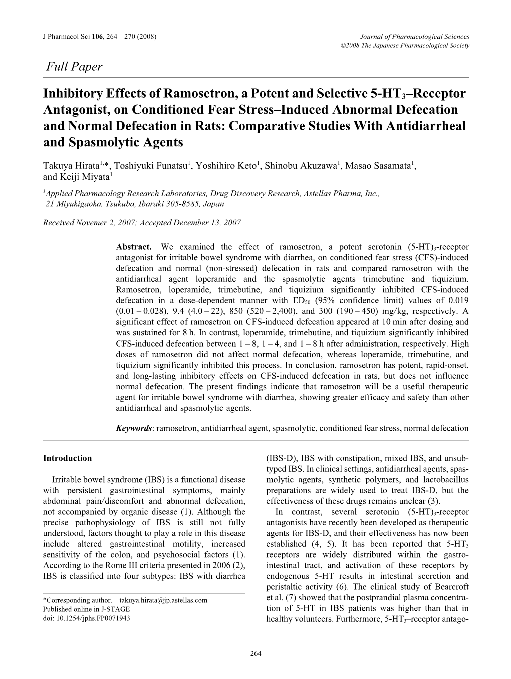 Inhibitory Effects of Ramosetron, a Potent and Selective 5-HT3