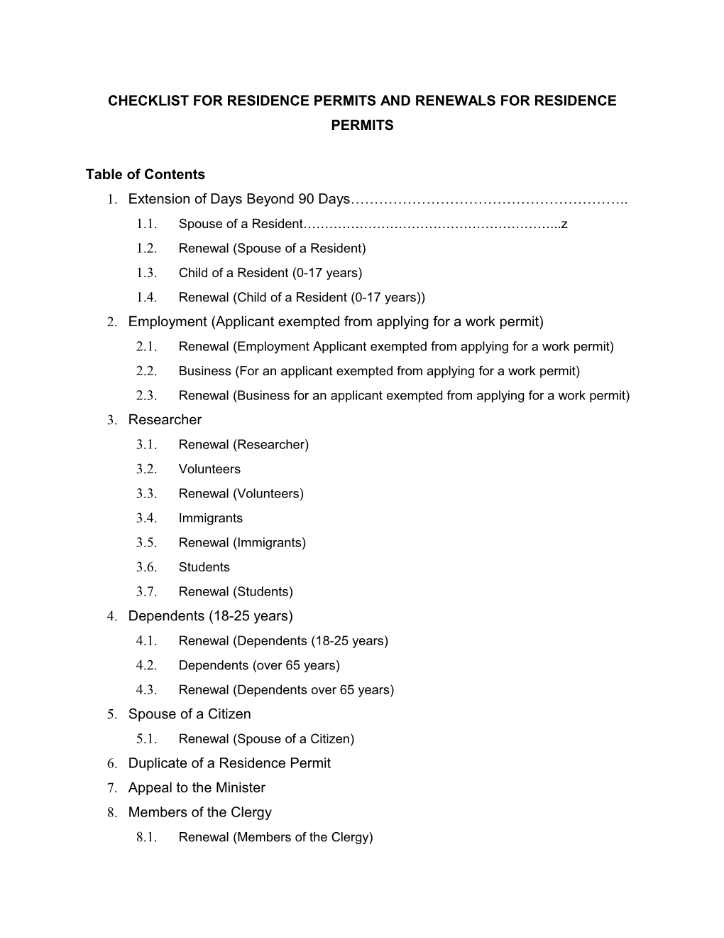 Checklist for Residence Permits and Renewals for Residence Permits