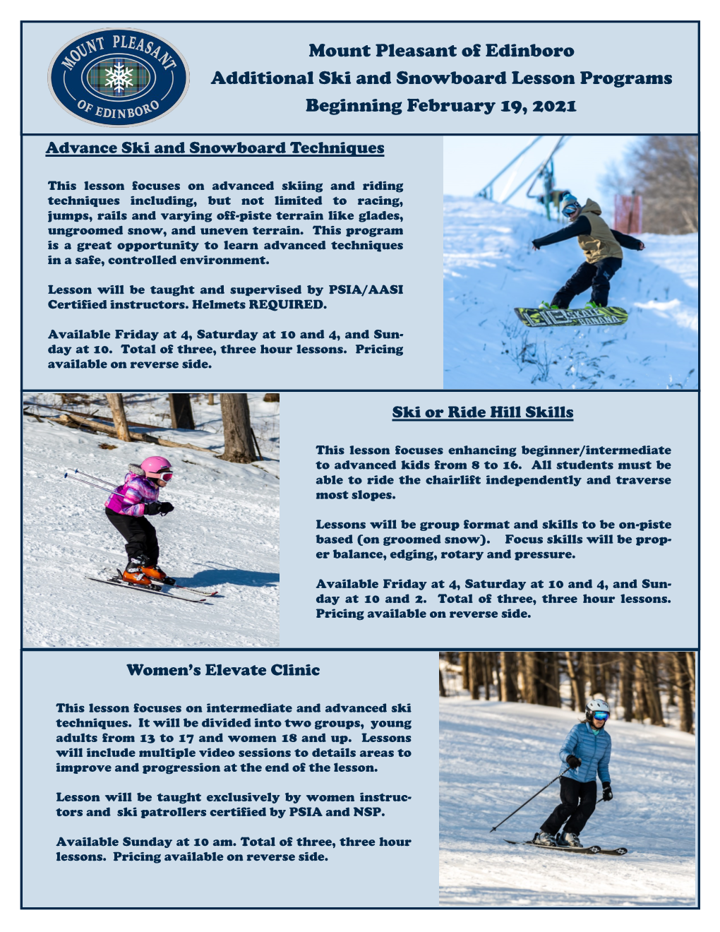 Mount Pleasant of Edinboro Additional Ski and Snowboard Lesson Programs Beginning February 19, 2021