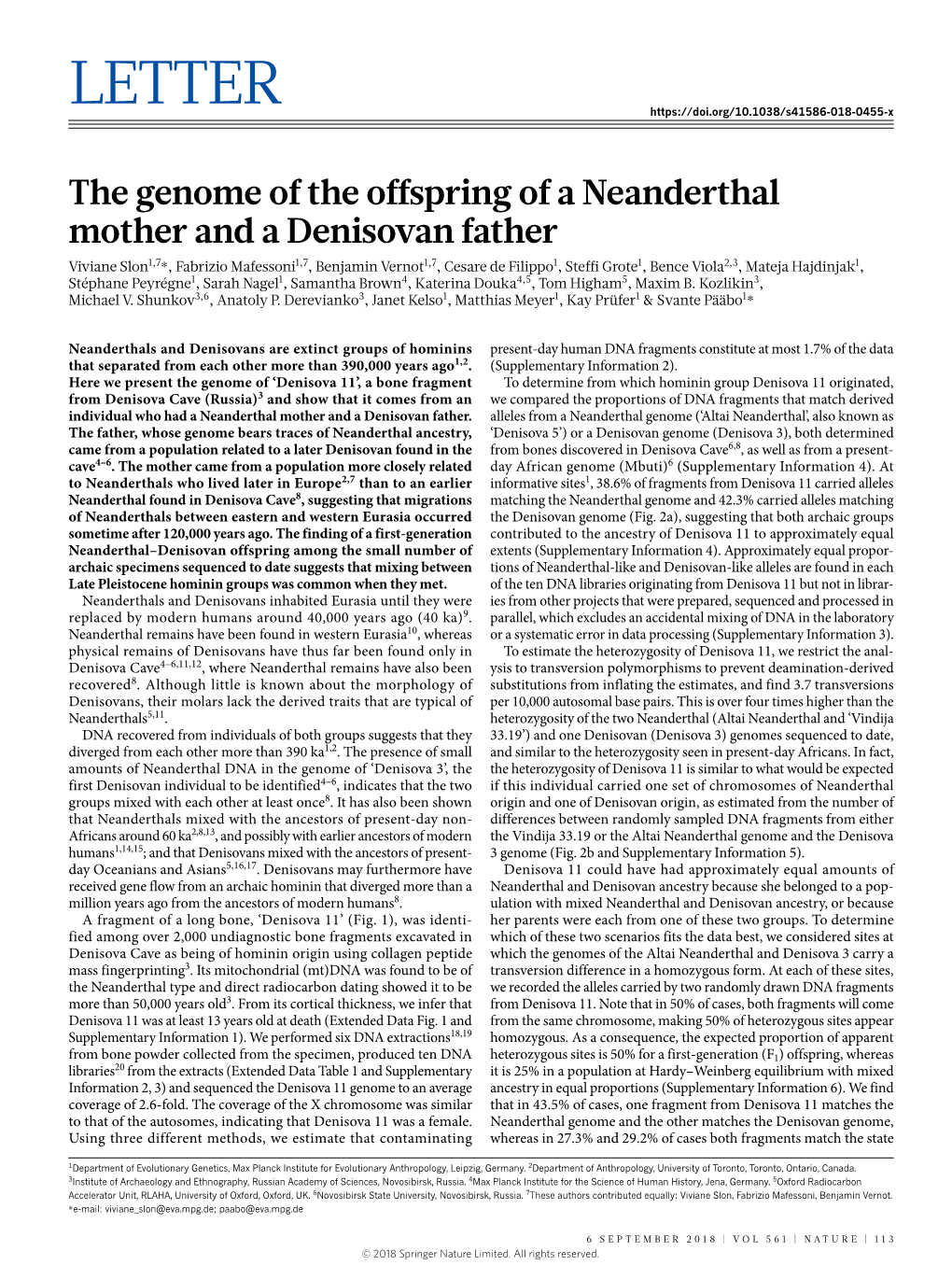 The Genome of the Offspring of a Neanderthal Mother and A