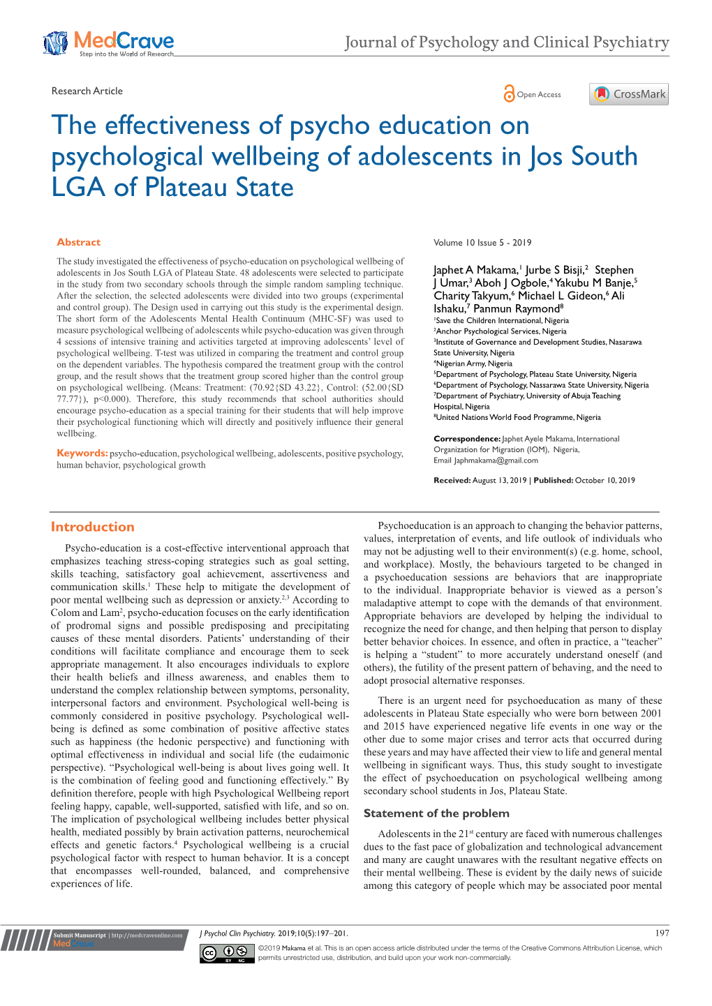 The Effectiveness of Psycho Education on Psychological Wellbeing of Adolescents in Jos South LGA of Plateau State