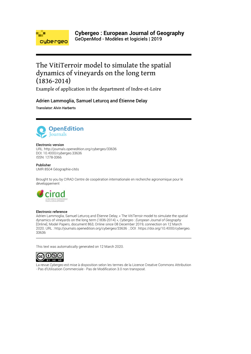 Cybergeo : European Journal of Geography Geopenmod - Modèles Et Logiciels | 2019