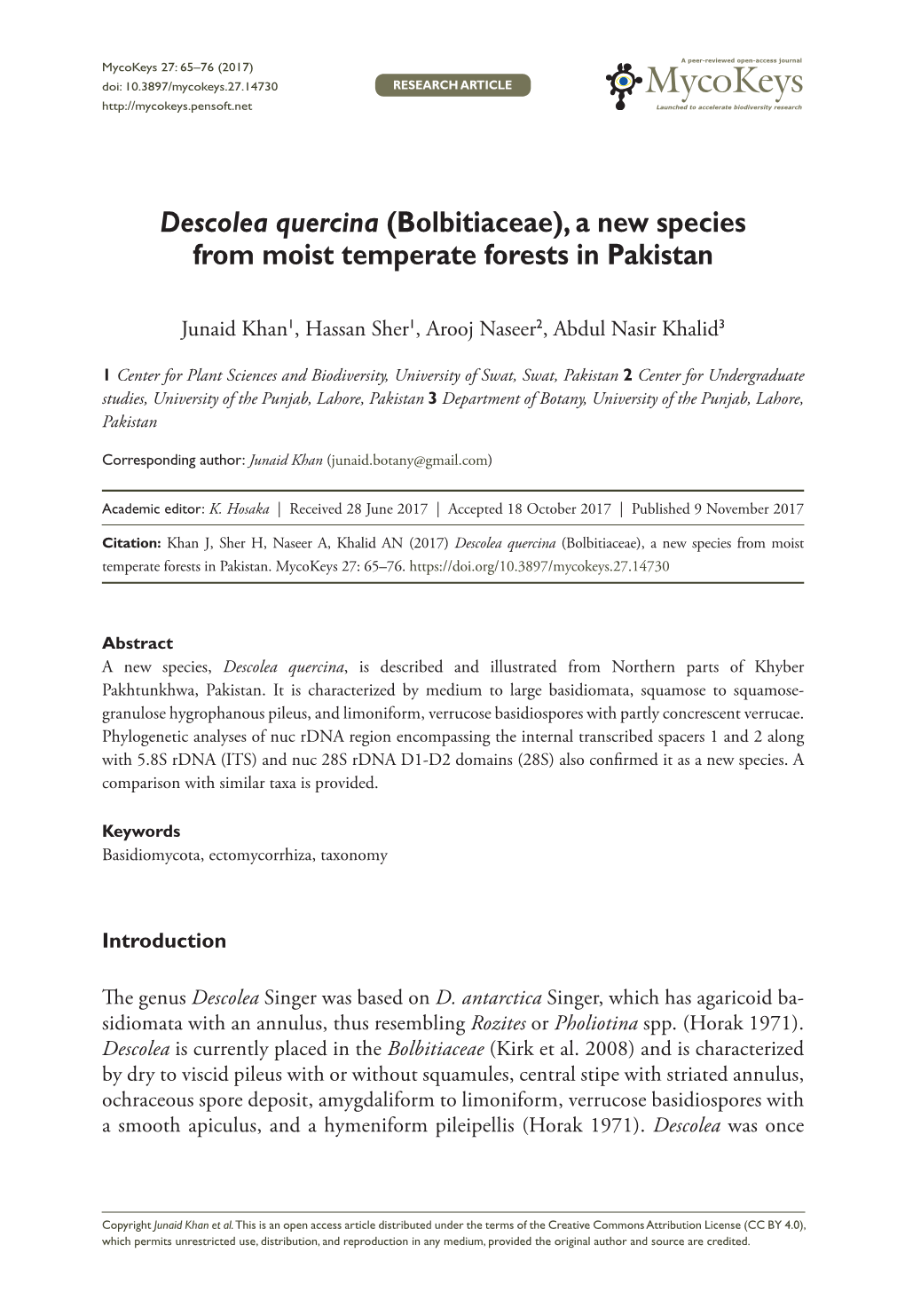 Descolea Quercina (Bolbitiaceae), a New Species from Moist Temperate Forests in Pakistan