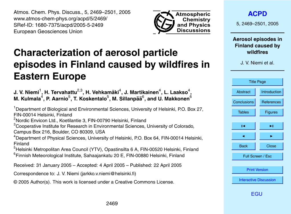 Aerosol Episodes in Finland Caused by Wildfires