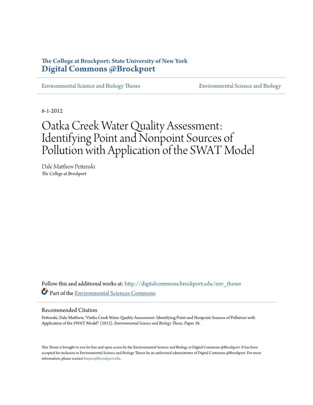 Oatka Creek Water Quality Assessment: Identifying Point And