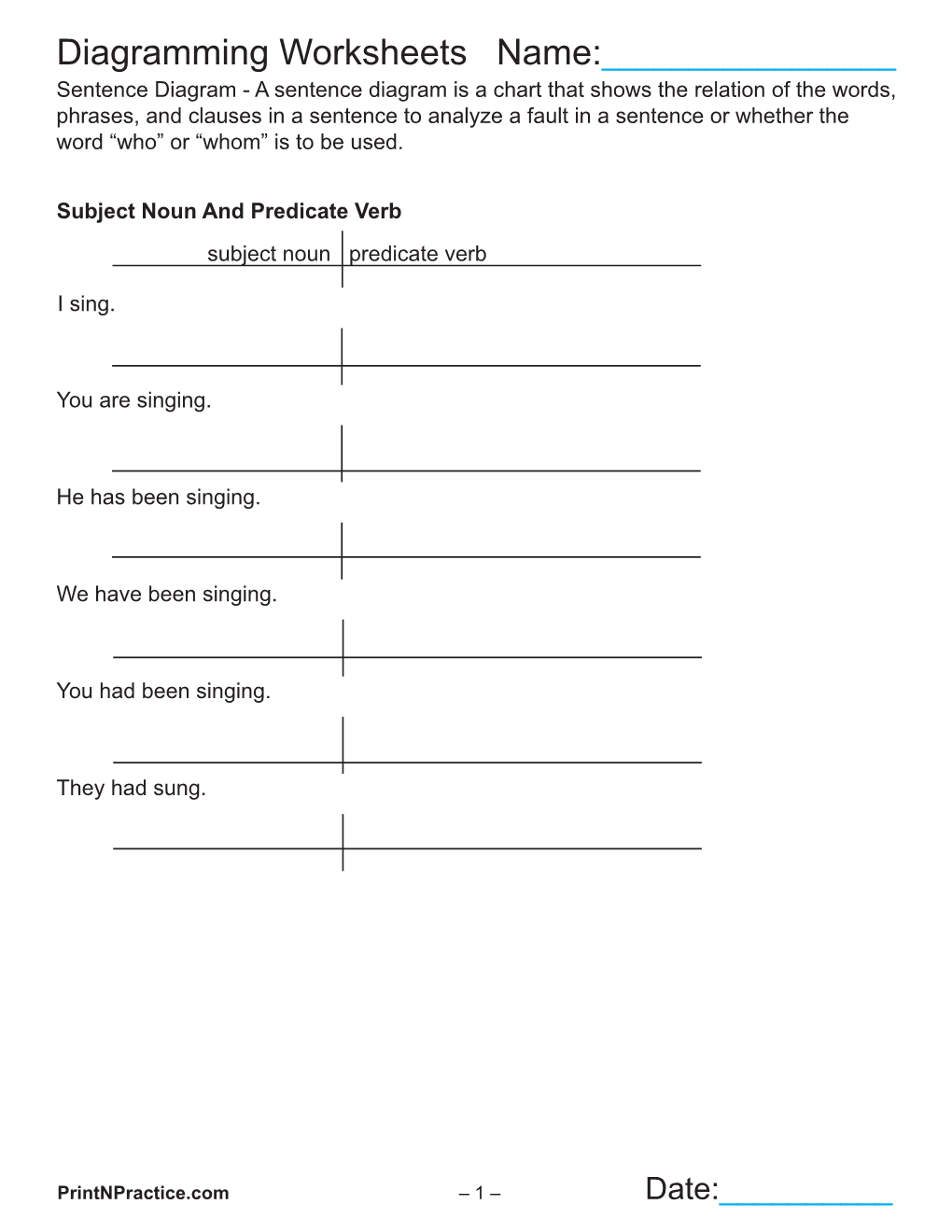 Diagramming Worksheets Name