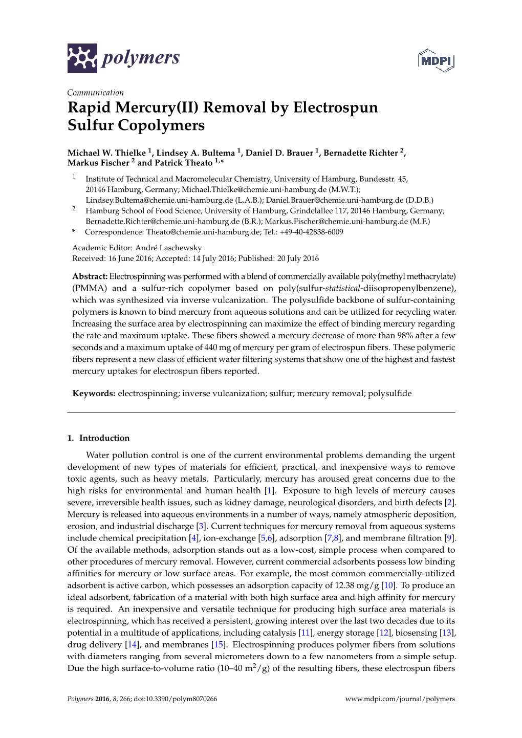 Removal by Electrospun Sulfur Copolymers