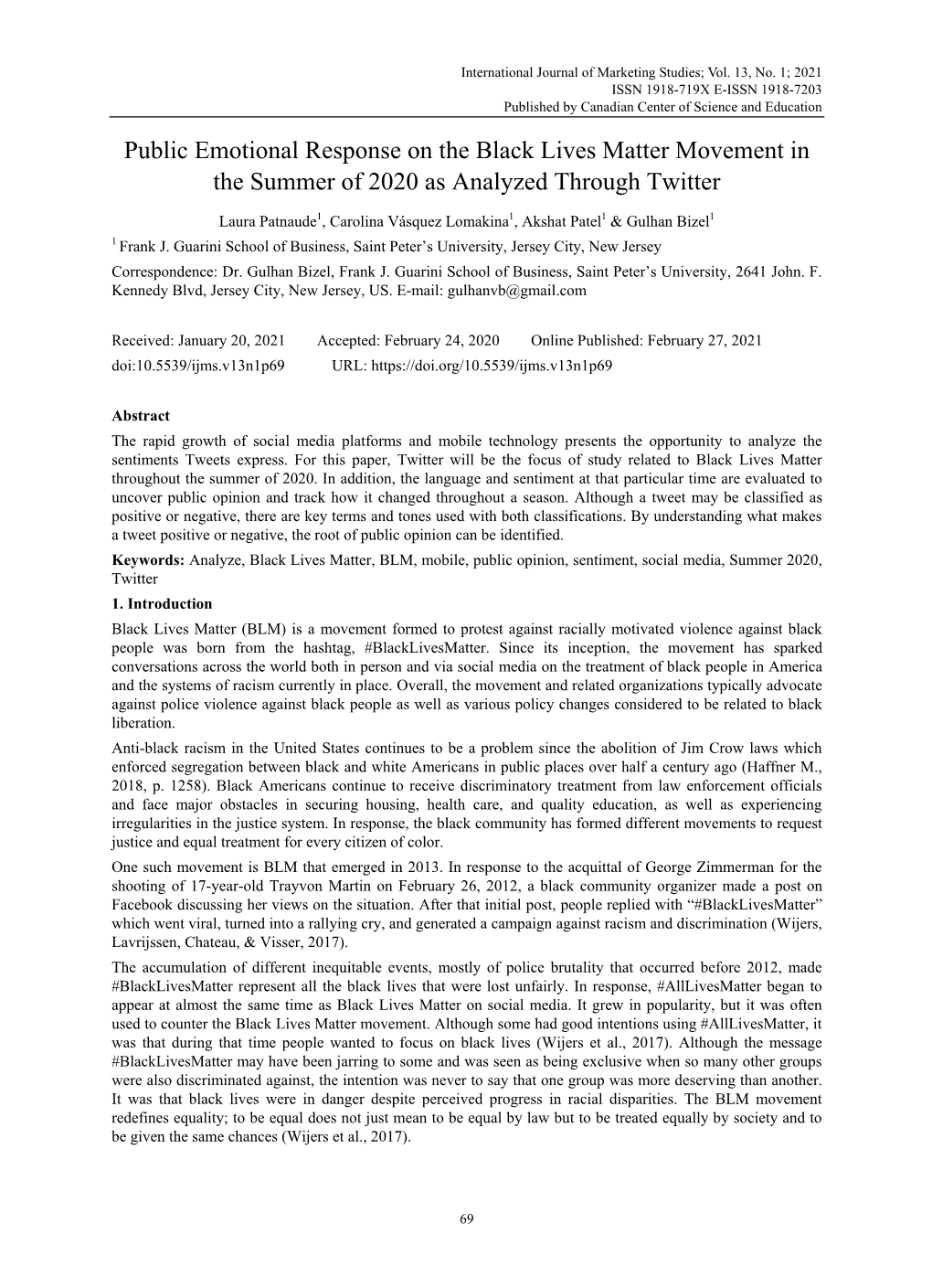 Public Emotional Response on the Black Lives Matter Movement in the Summer of 2020 As Analyzed Through Twitter