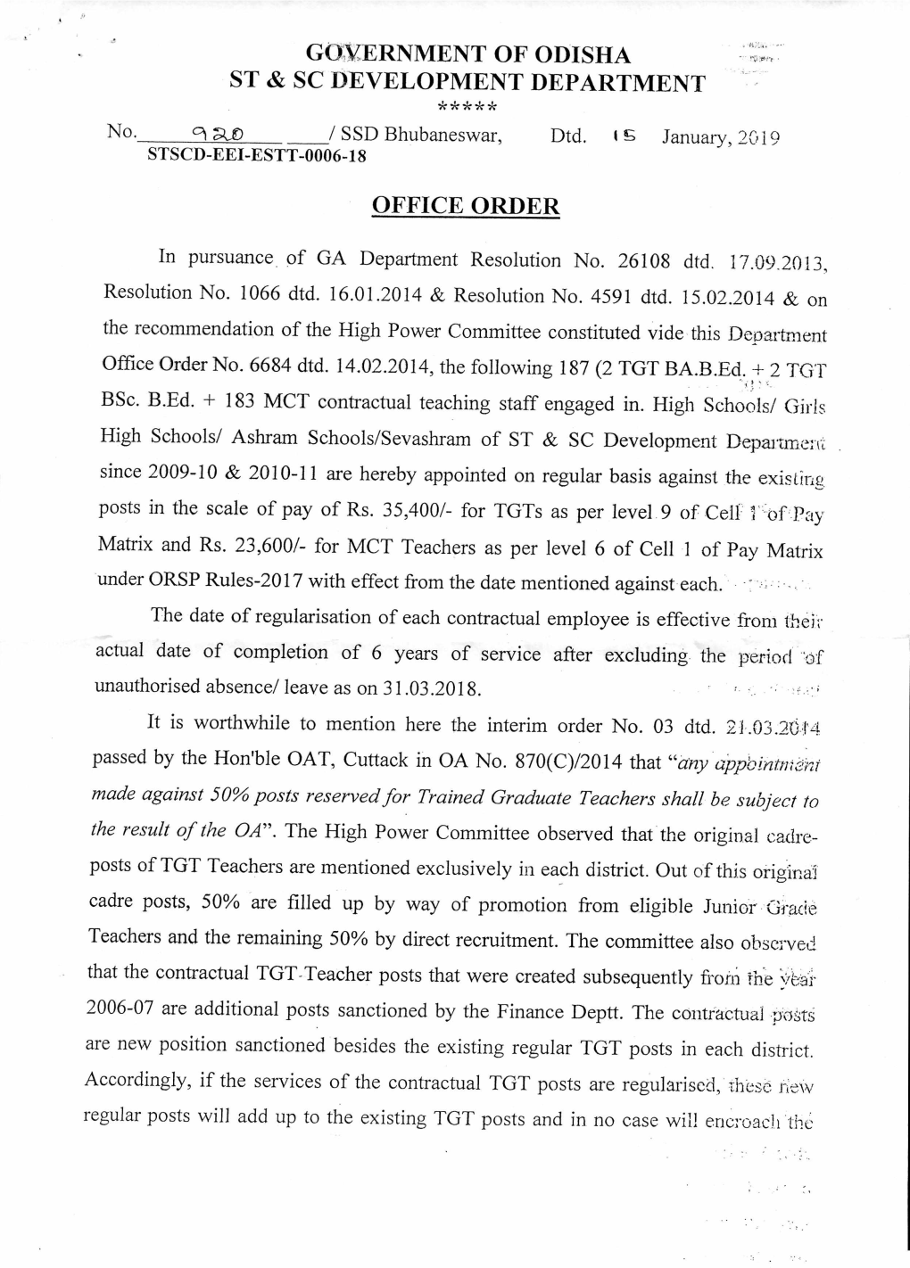 Office Order on Regularization of 187 Contractual Tgts &