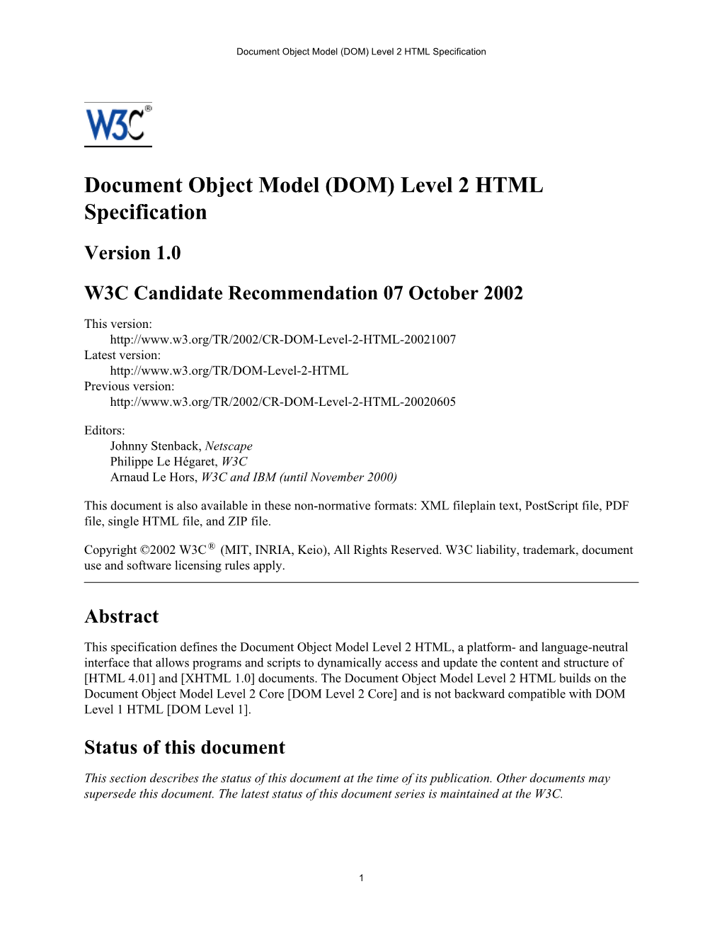 Document Object Model †DOM‡ Level 2 HTML Specification