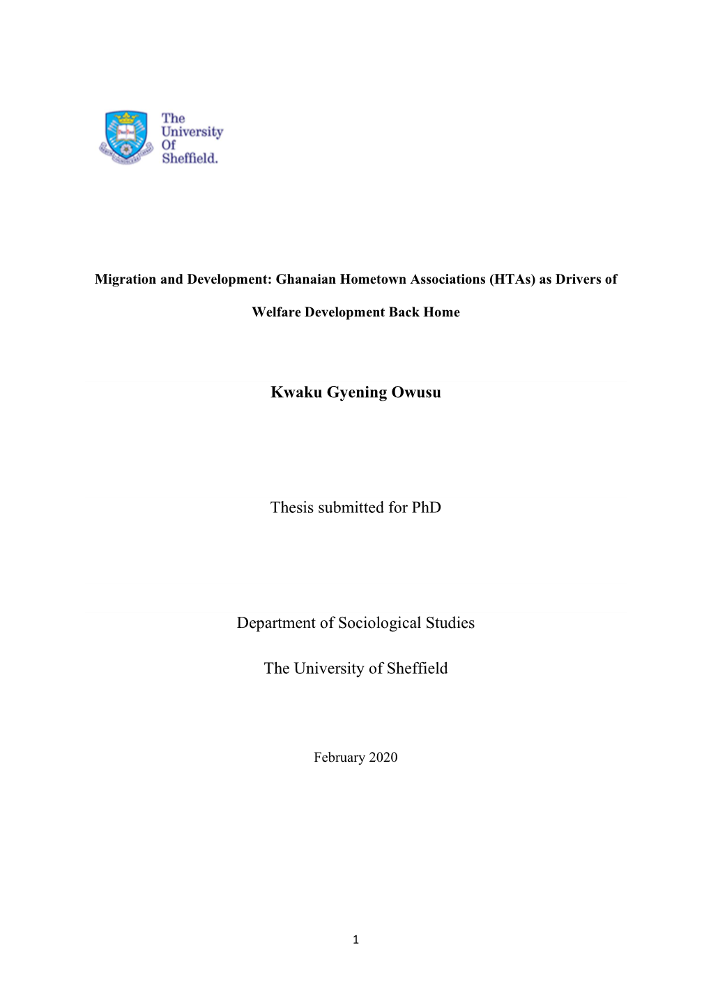 Kwaku Gyening Owusu Thesis Submitted for Phd Department Of