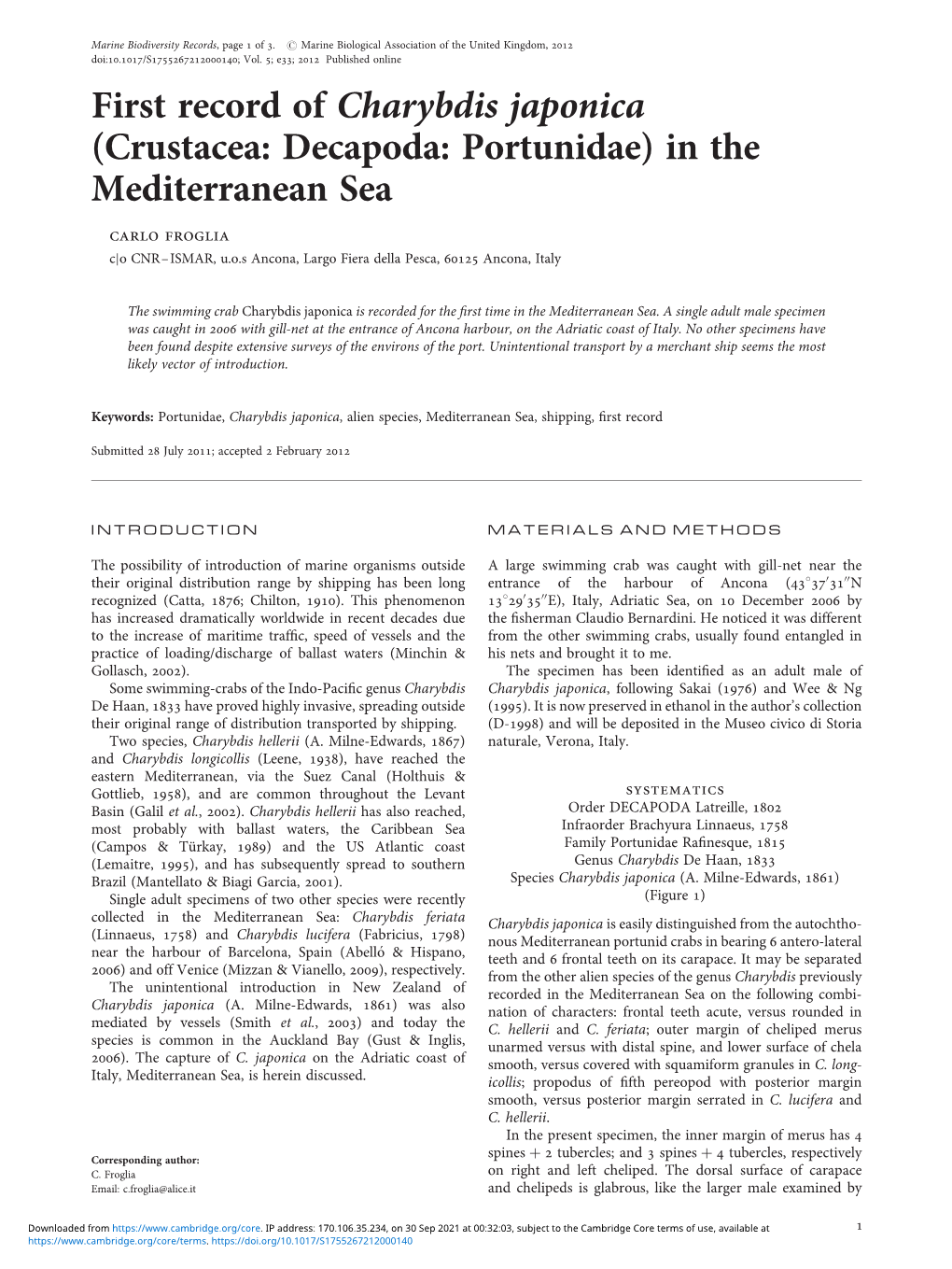 First Record of Charybdis Japonica (Crustacea: Decapoda: Portunidae) in the Mediterranean