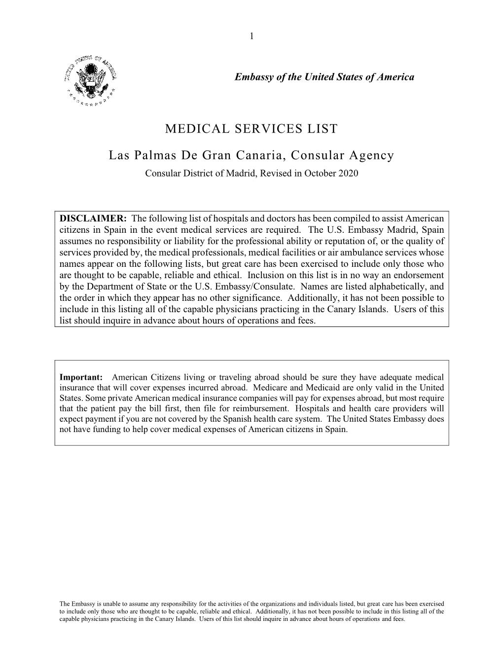 MEDICAL SERVICES LIST Las Palmas De Gran Canaria, Consular