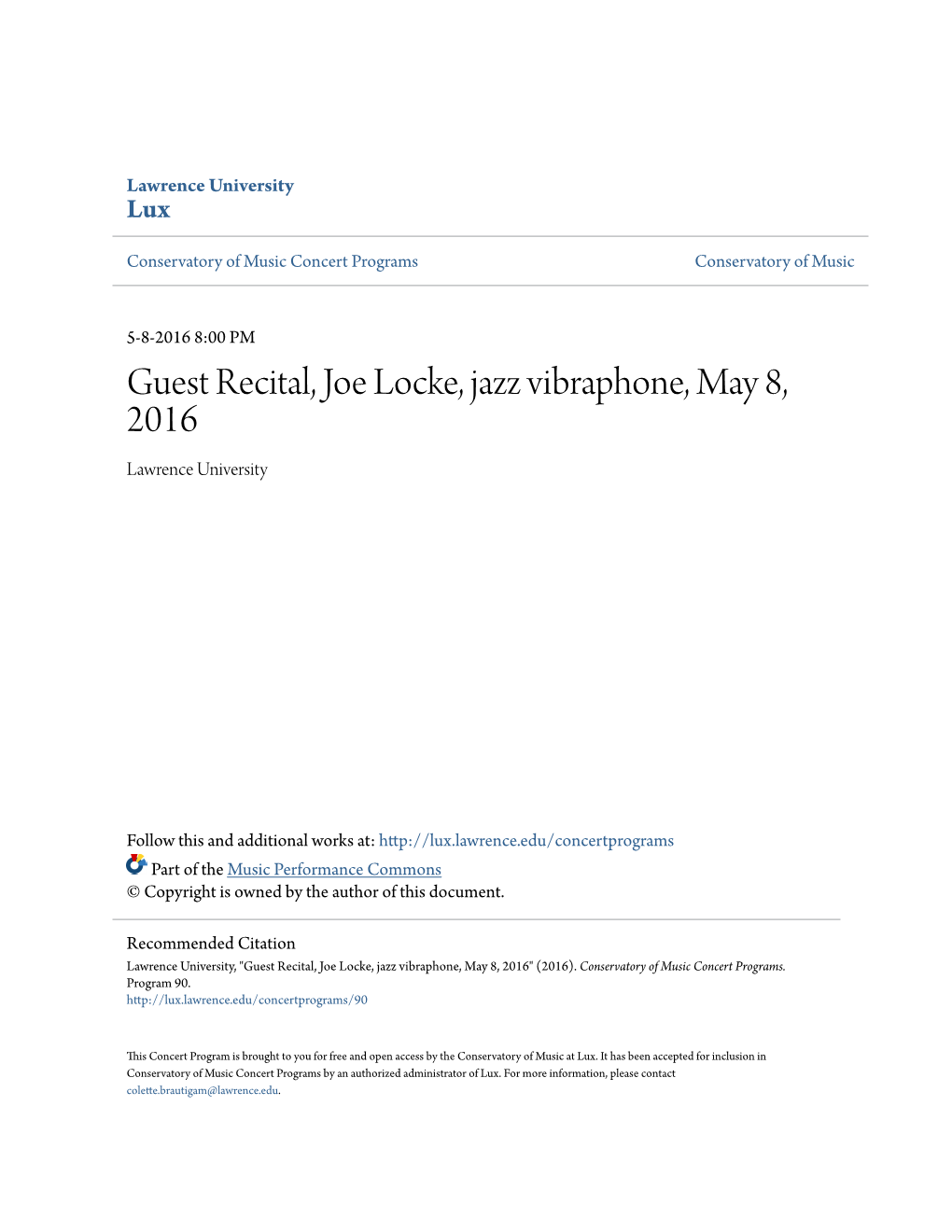 Guest Recital, Joe Locke, Jazz Vibraphone, May 8, 2016 Lawrence University