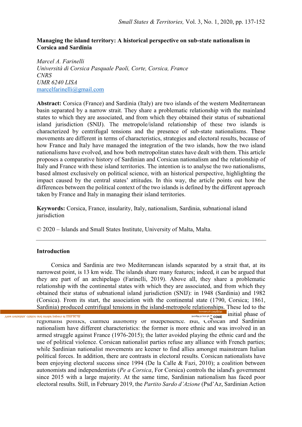 A Historical Perspective on Sub-State Nationalism in Corsica and Sardinia