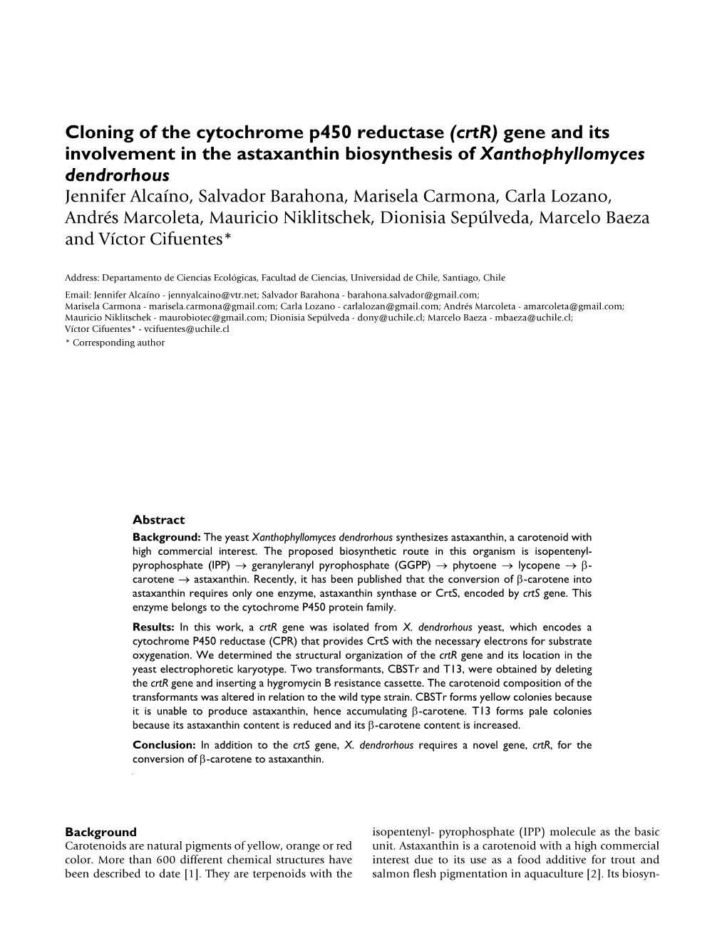 Cloning of the Cytochrome P450 Reductase (Crtr) Gene and Its