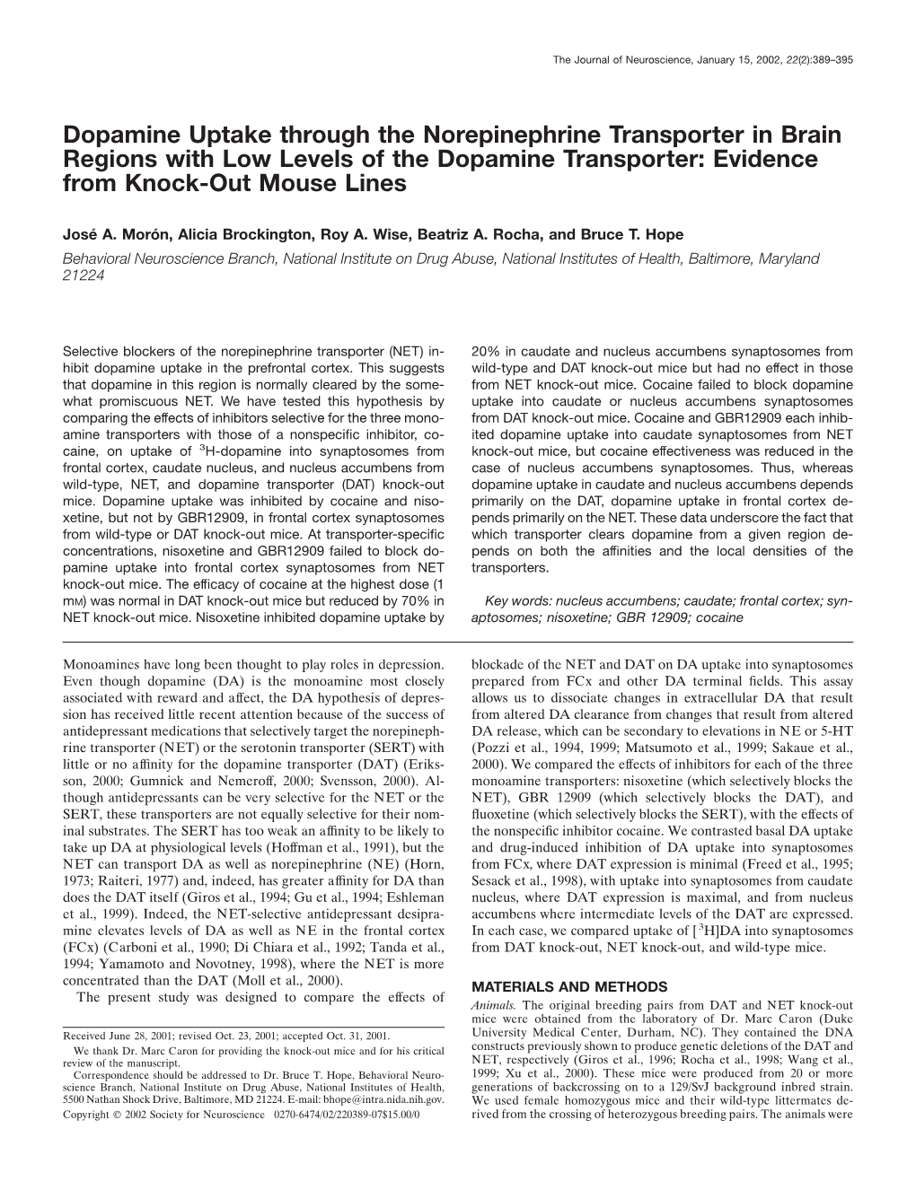 Dopamine Uptake Through the Norepinephrine Transporter in Brain Regions with Low Levels of the Dopamine Transporter: Evidence from Knock-Out Mouse Lines