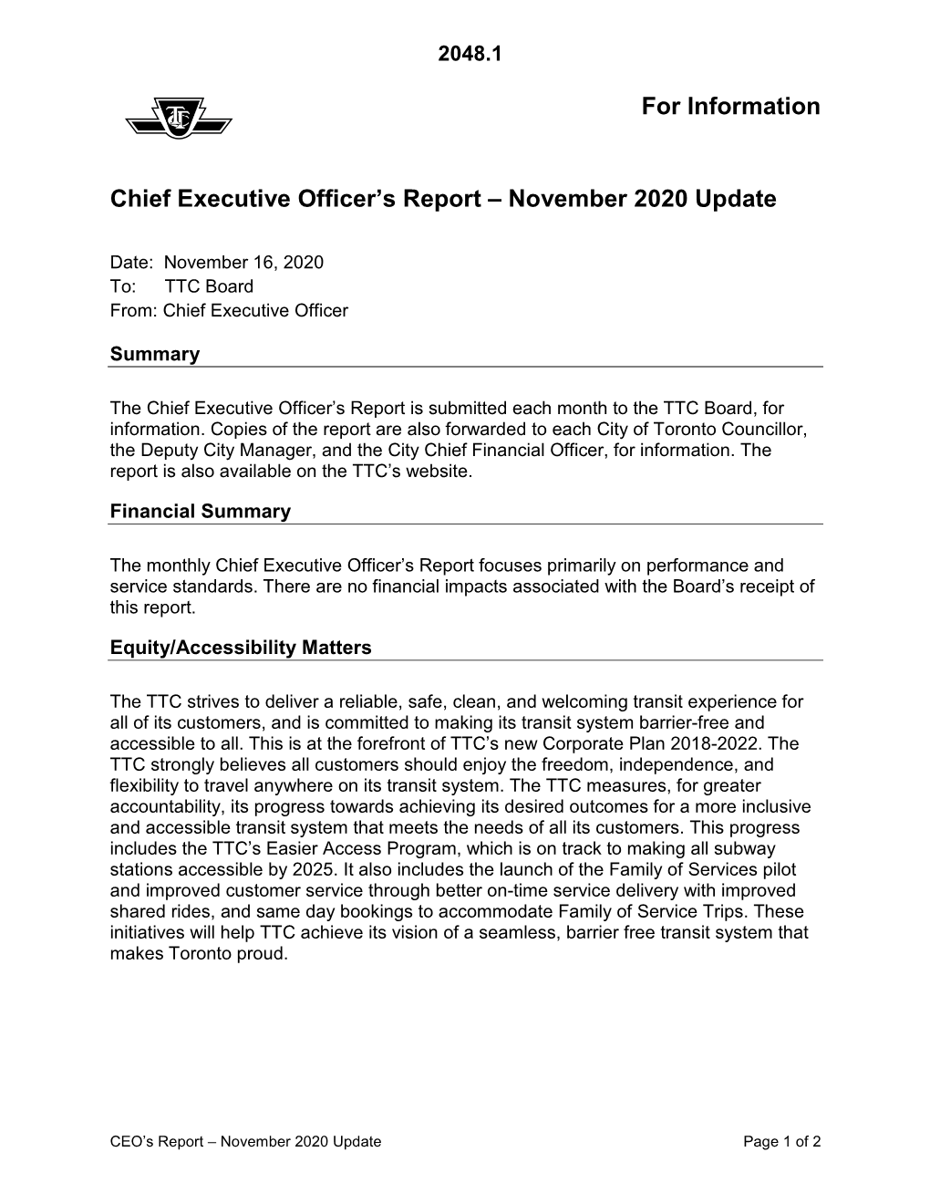 For Information Chief Executive Officer's Report – November 2020 Update