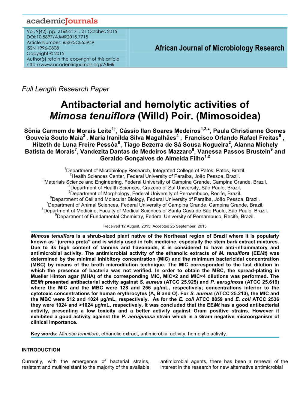 Antibacterial and Hemolytic Activities of Mimosa Tenuiflora (Willd) Poir