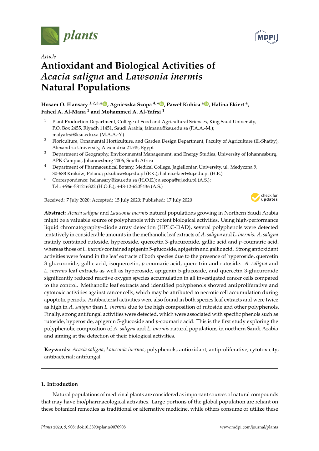 Antioxidant and Biological Activities of Acacia Saligna and Lawsonia Inermis Natural Populations