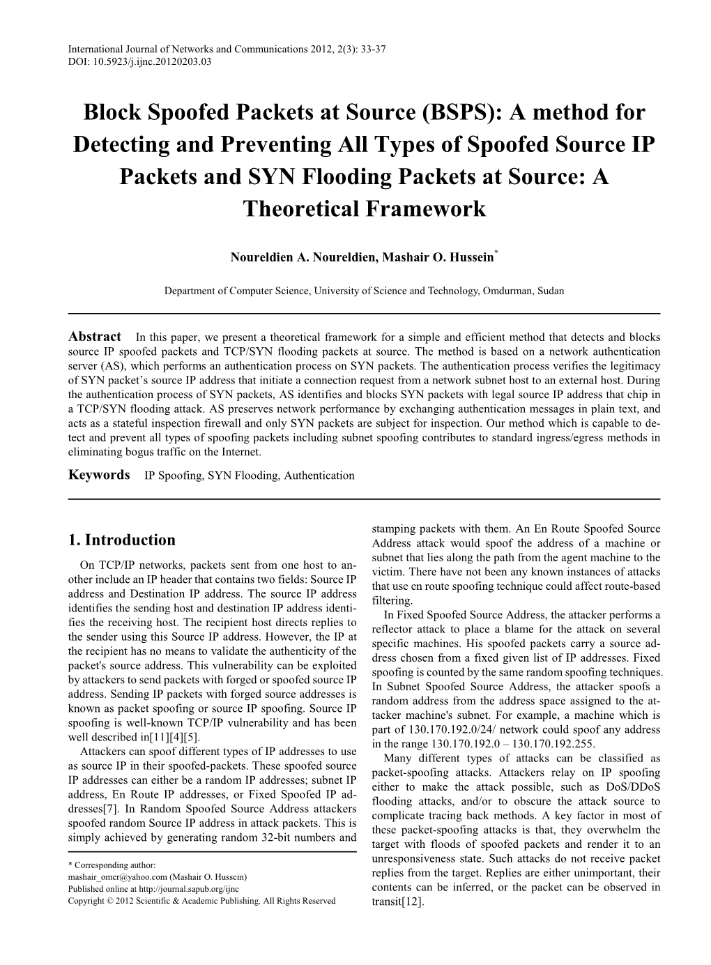 Block Spoofed Packets at Source (BSPS): a Method for Detecting And