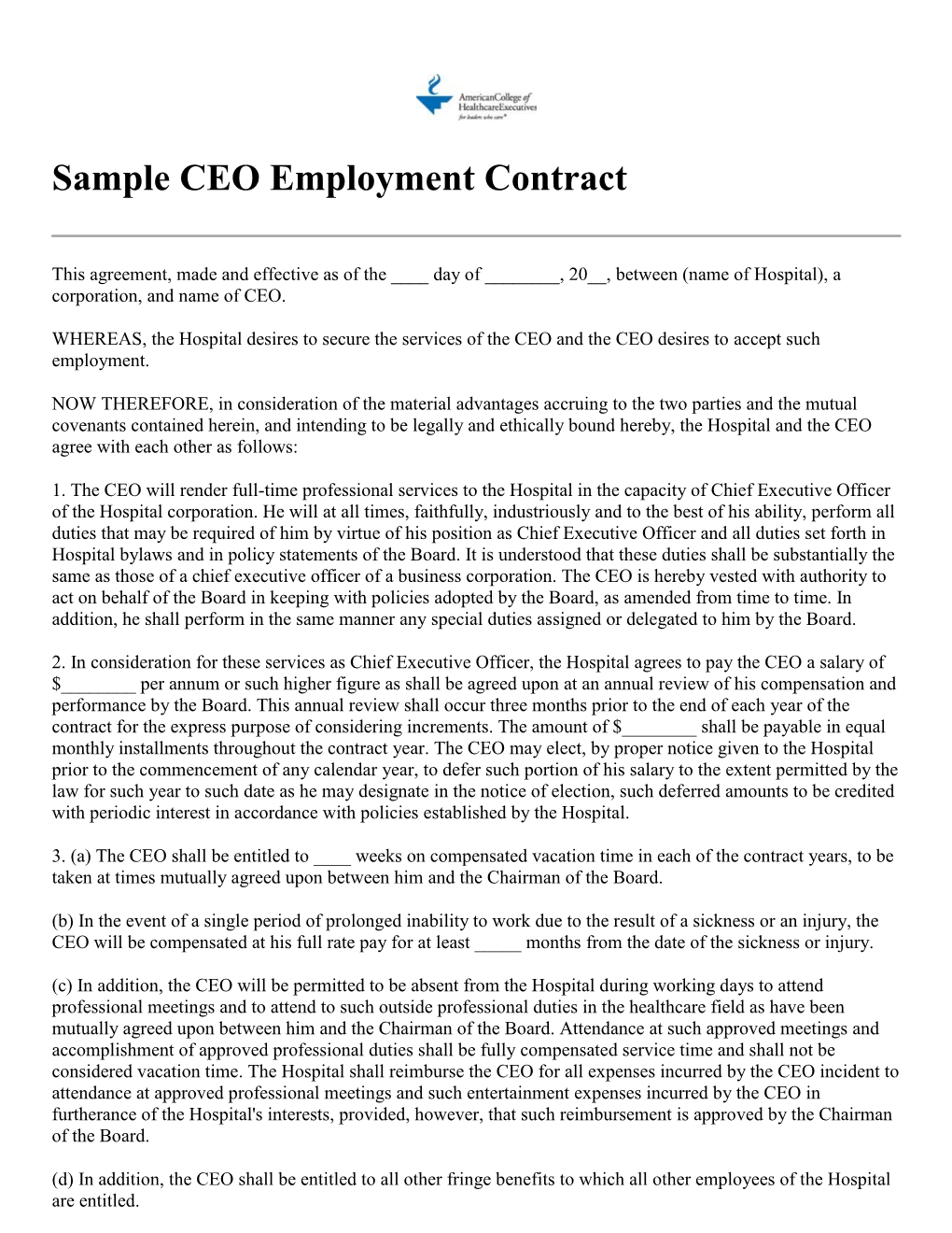 Sample CEO Employment Contract