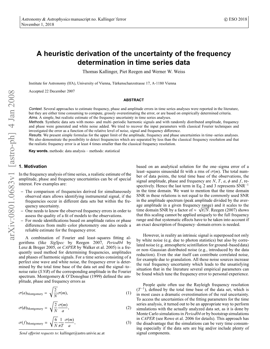 A Heuristic Derivation of the Uncertainty of the Frequency Determination in Time Series Data
