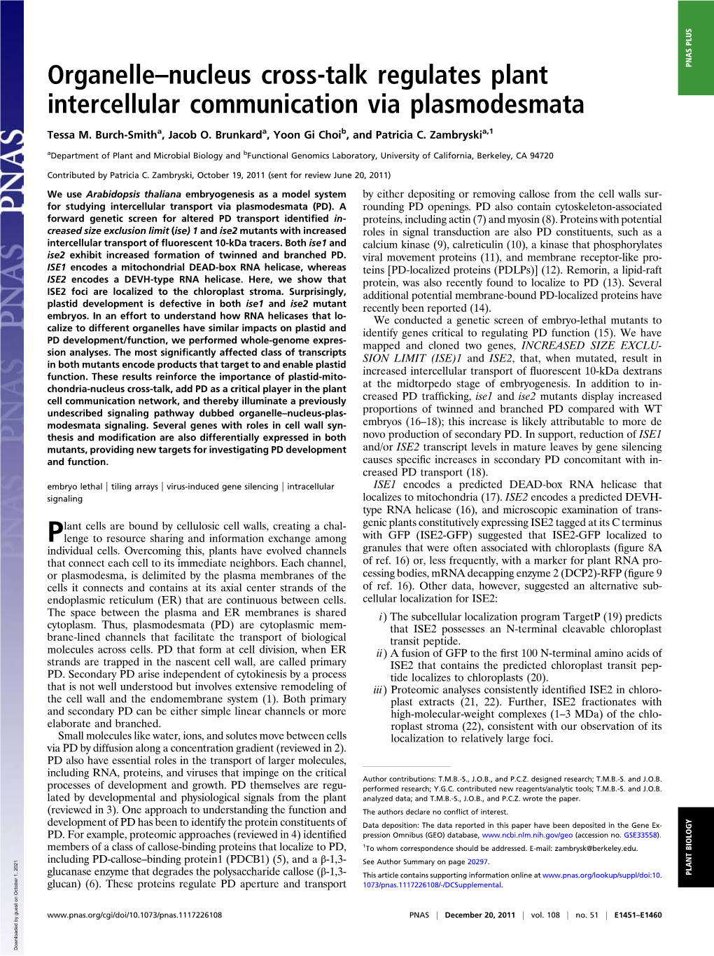 Organelle–Nucleus Cross-Talk Regulates Plant Intercellular