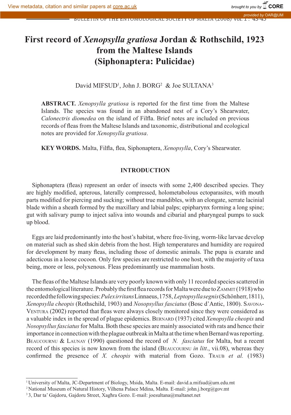 First Record of Xenopsylla Gratiosa Jordan & Rothschild, 1923 from the Maltese Islands (Siphonaptera: Pulicidae)