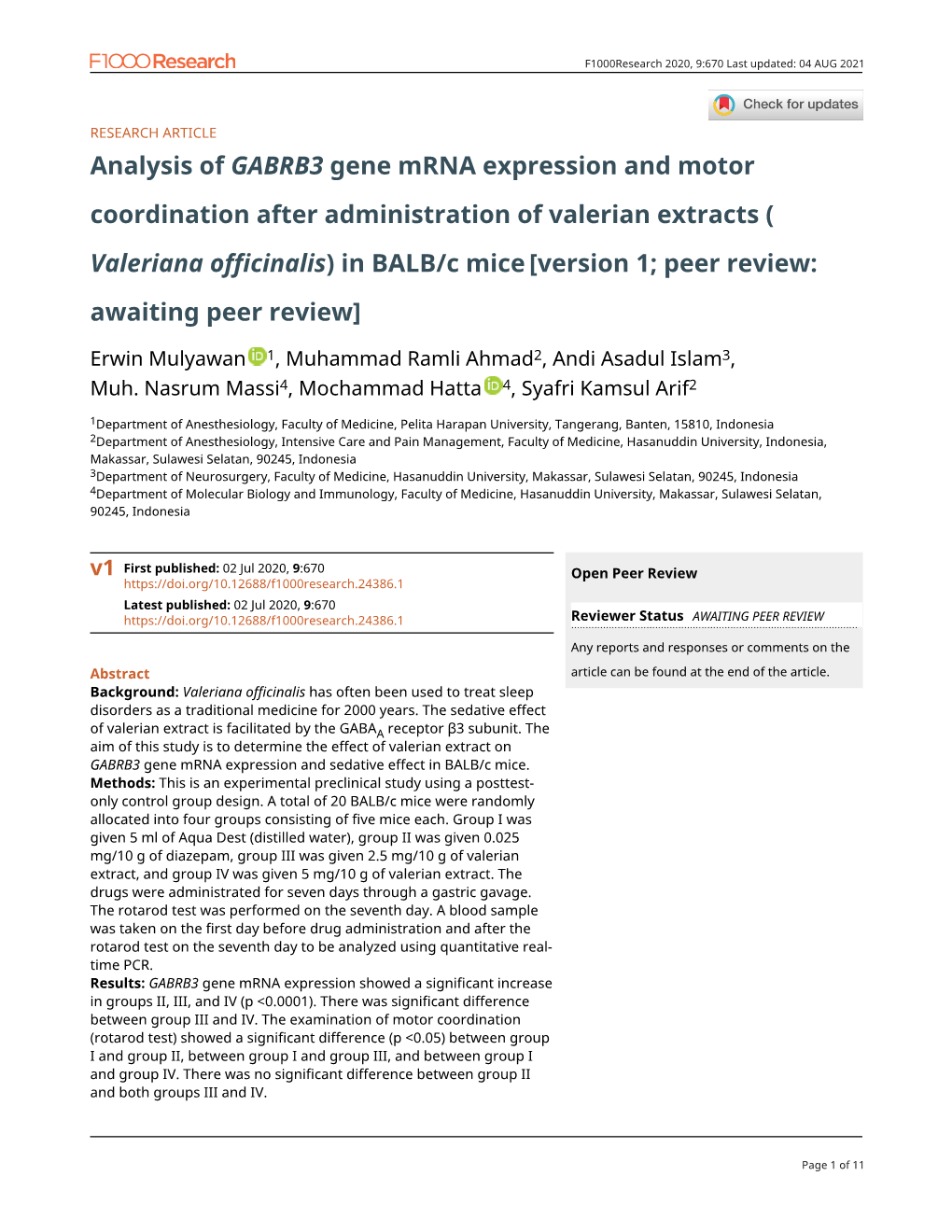 Analysis of GABRB3 Gene Mrna Expression and Motor Coordination After Administration of Valerian Extracts ( Valeriana Officinalis