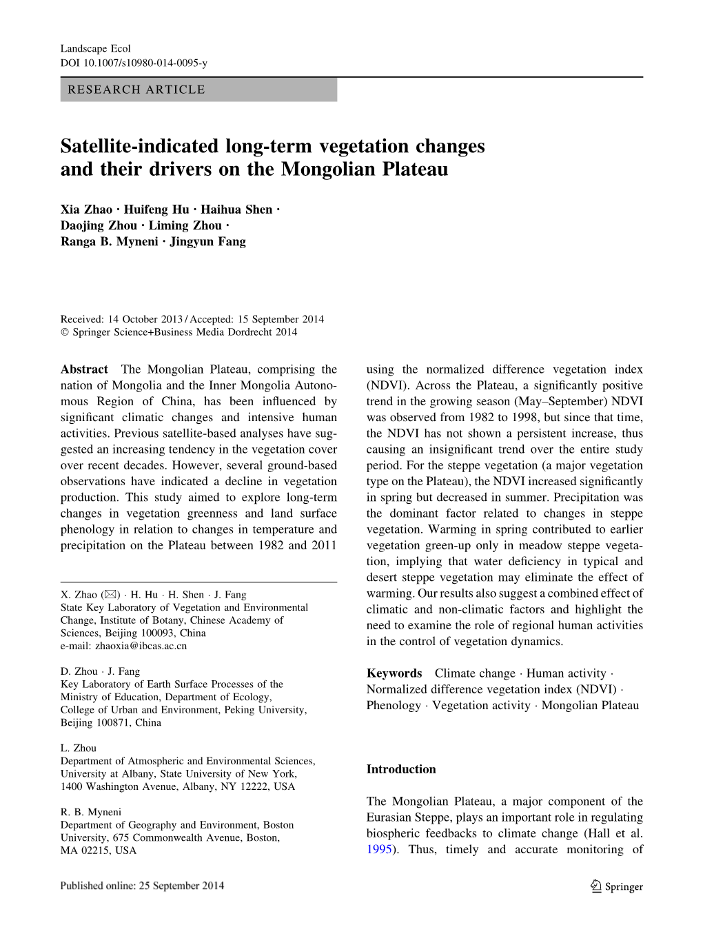 Satellite-Indicated Long-Term Vegetation Changes and Their Drivers on the Mongolian Plateau