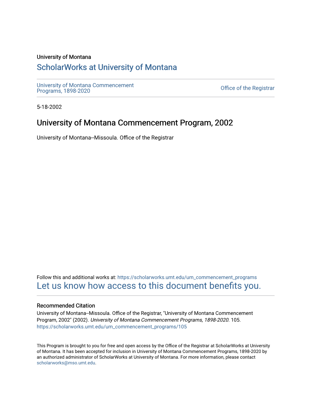 University of Montana Commencement Program, 2002