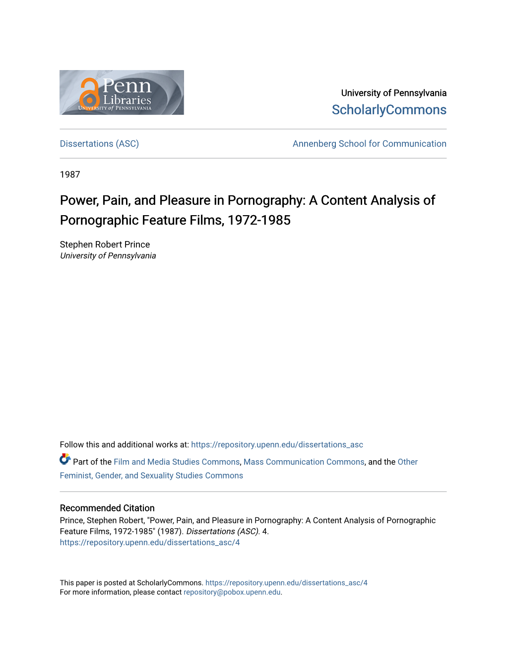 A Content Analysis of Pornographic Feature Films, 1972-1985