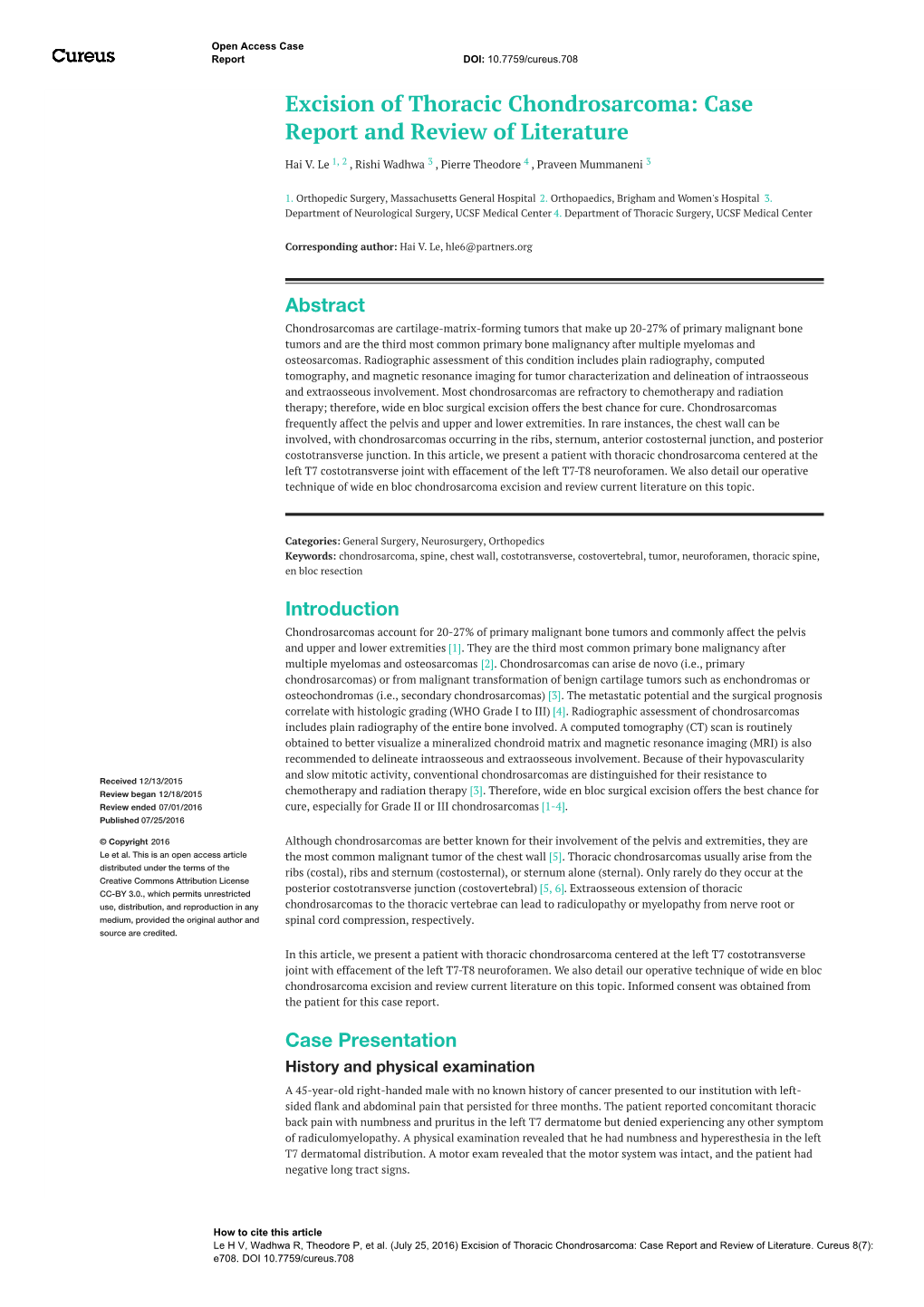 Excision of Thoracic Chondrosarcoma: Case Report and Review of Literature