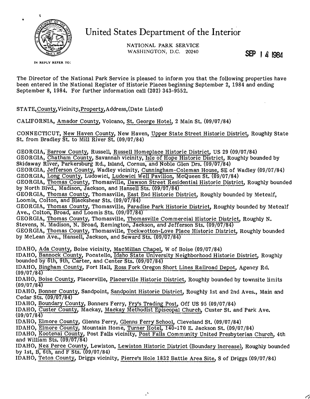 United States Department of the Interior SEP | 4 1984
