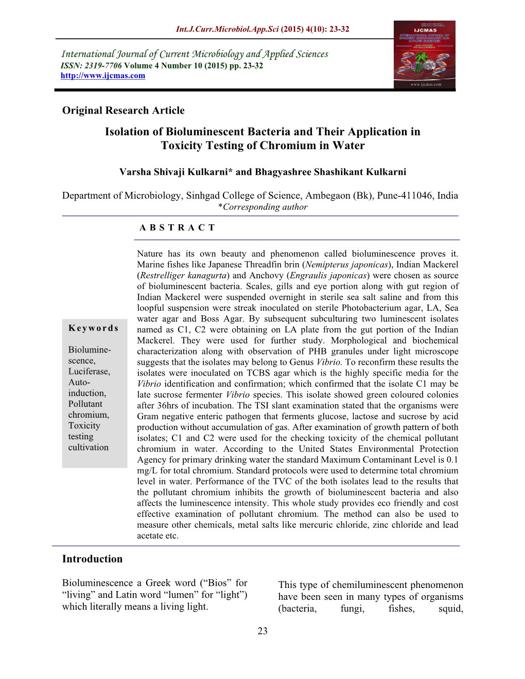 Isolation of Bioluminescent Bacteria and Their Application in Toxicity Testing of Chromium in Water