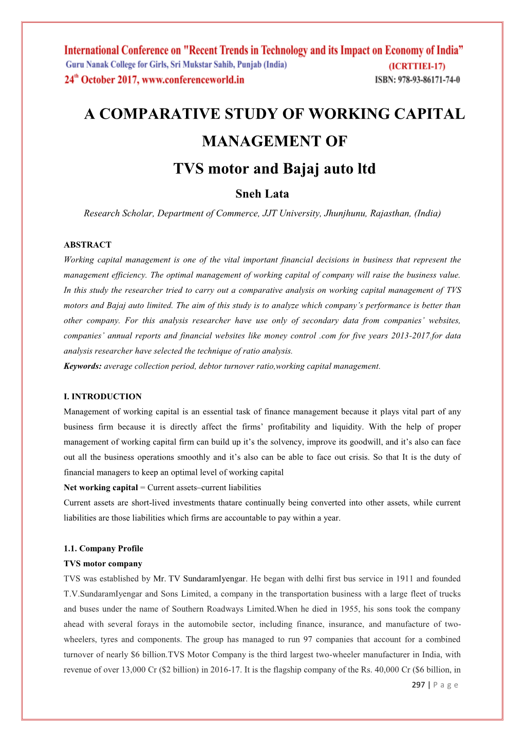 A COMPARATIVE STUDY of WORKING CAPITAL MANAGEMENT of TVS Motor and Bajaj Auto