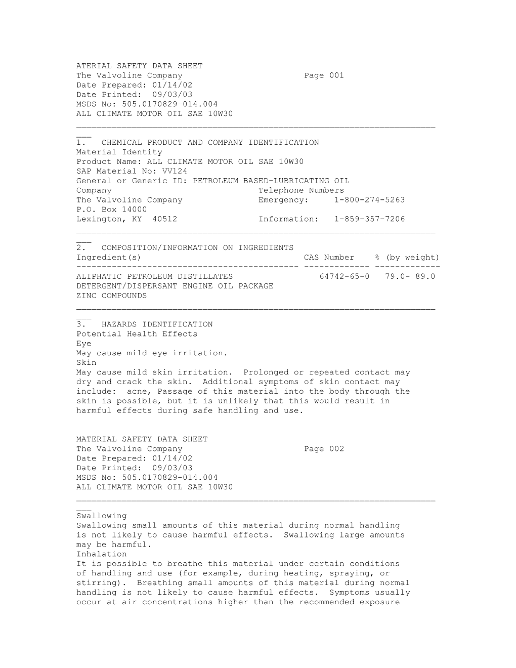 Aterial Safety Data Sheet