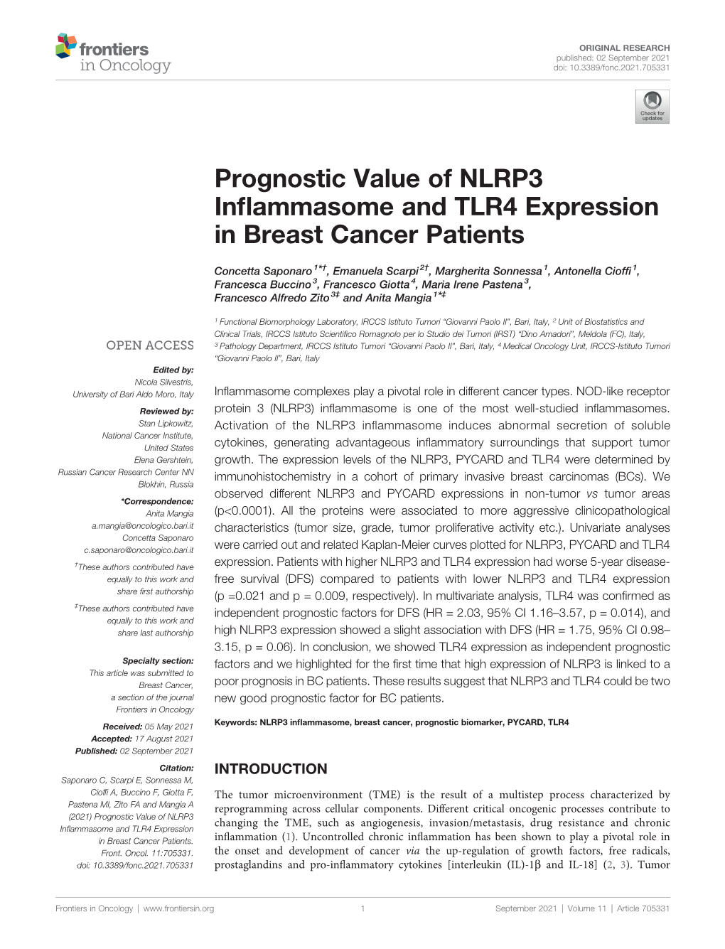 Prognostic Value of NLRP3 Inflammasome and TLR4