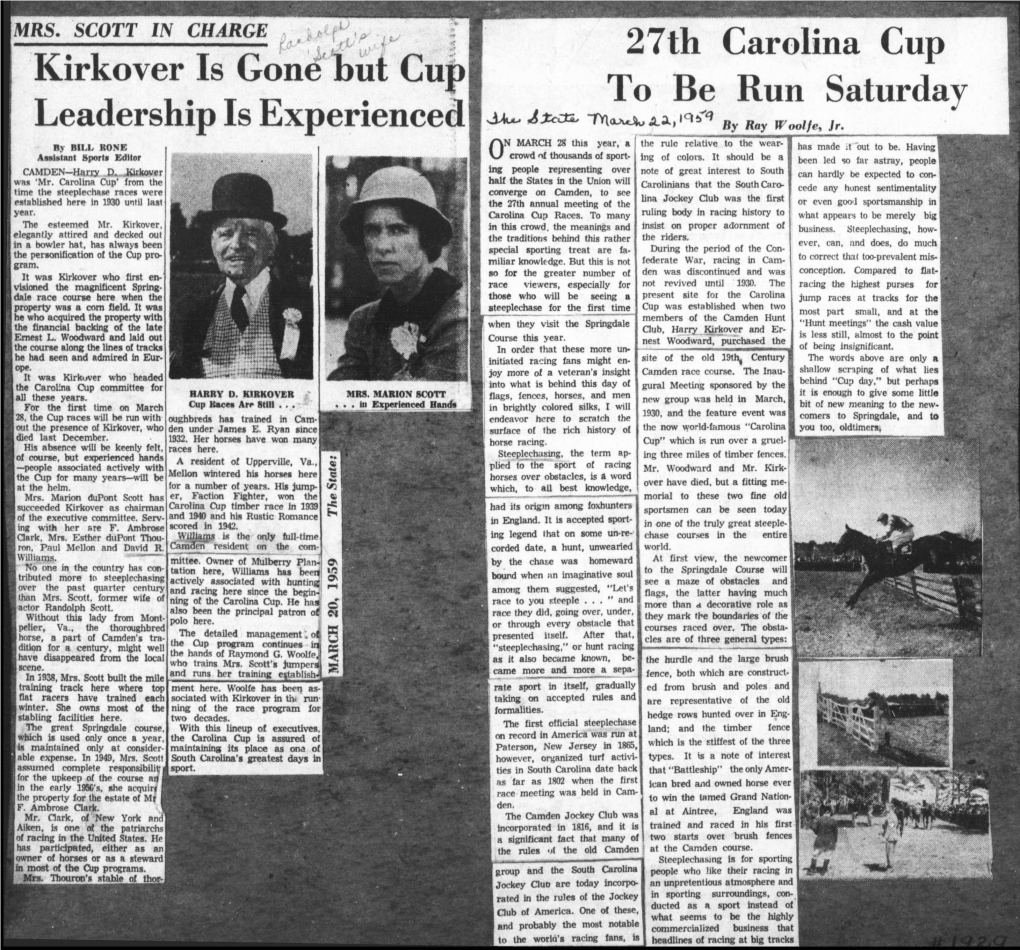 Kirkover Is Gone but Cup Leadership Is Experienced 27Th Carolina Cup