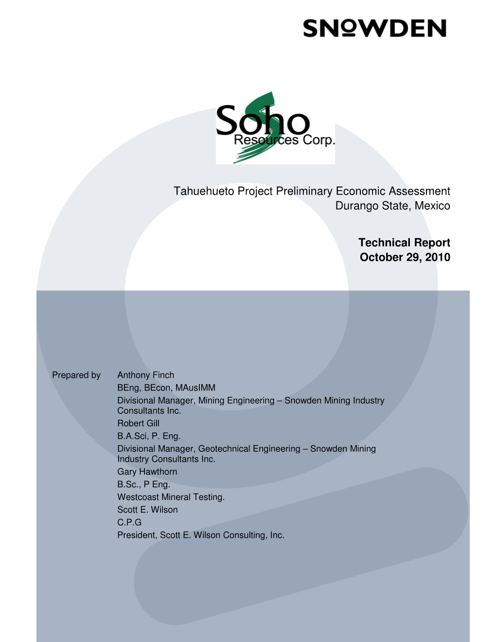 Tahuehueto Project Preliminary Economic Assessm Durango State