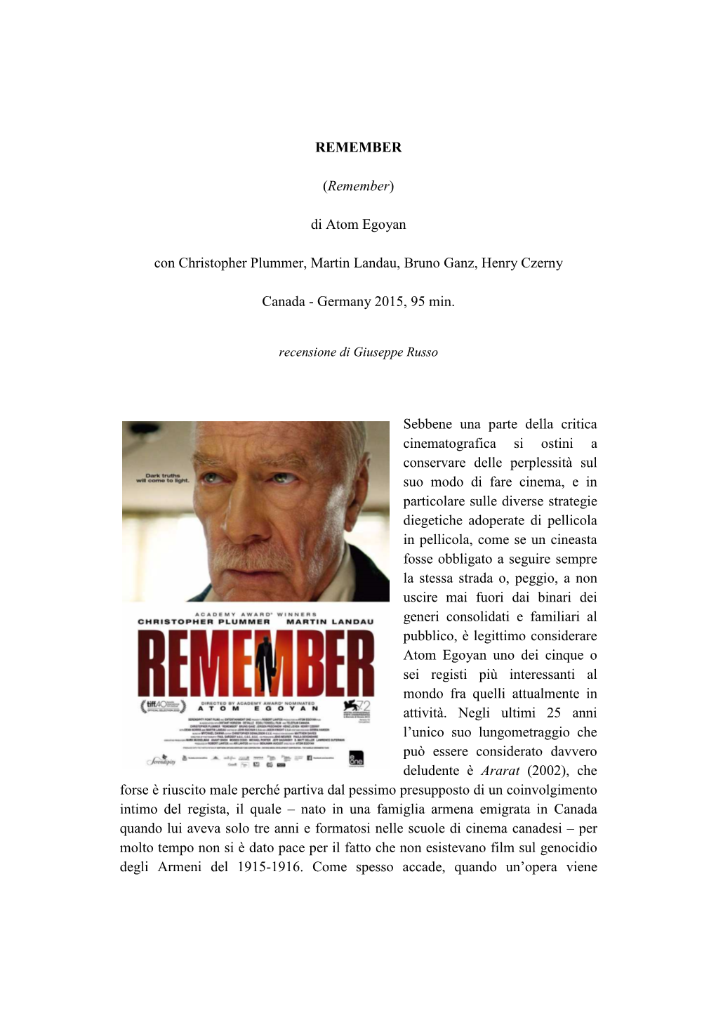 (Remember) Di Atom Egoyan Con Christopher Plummer, Martin