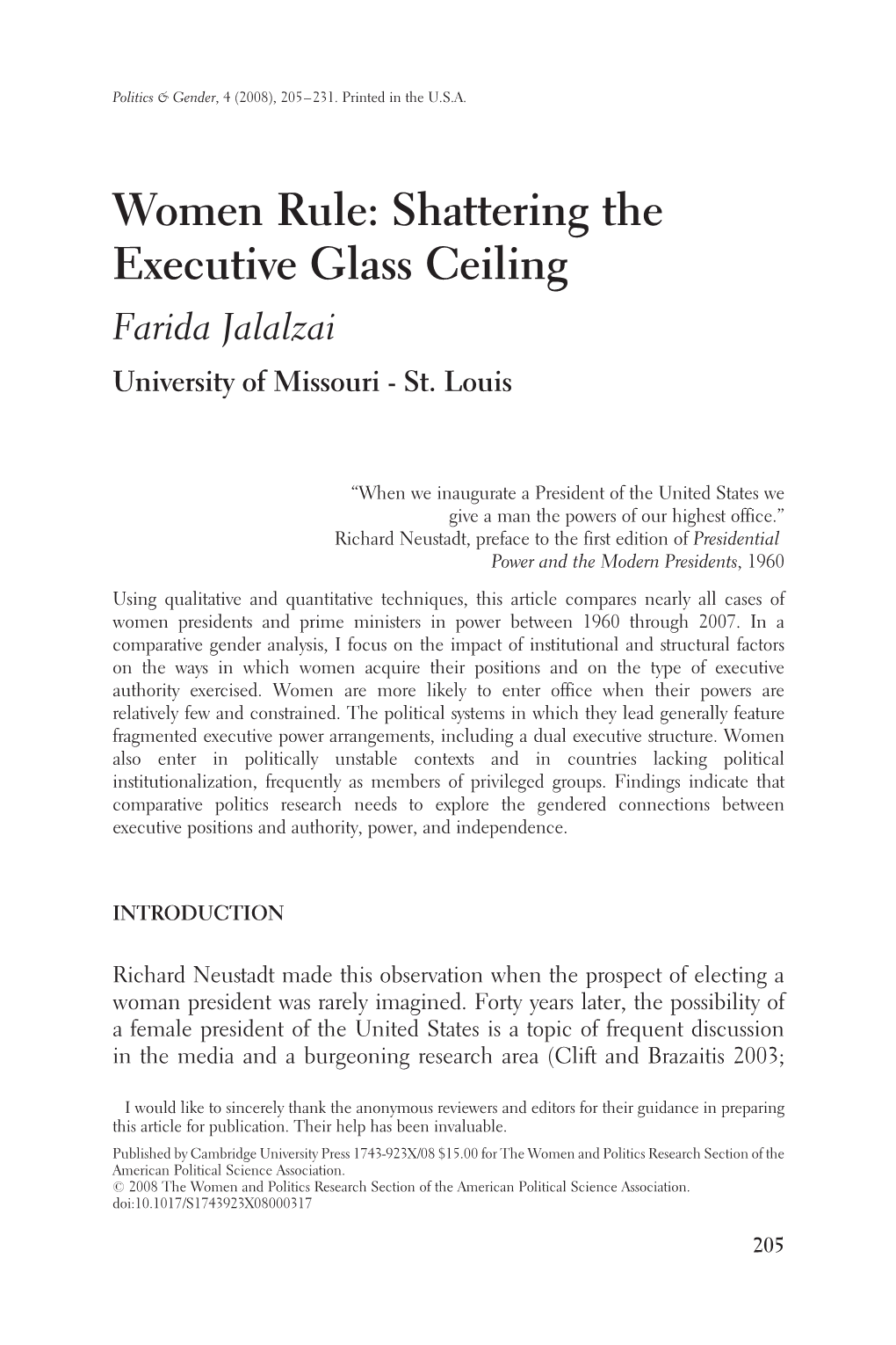 Women Rule: Shattering the Executive Glass Ceiling Farida Jalalzai University of Missouri - St