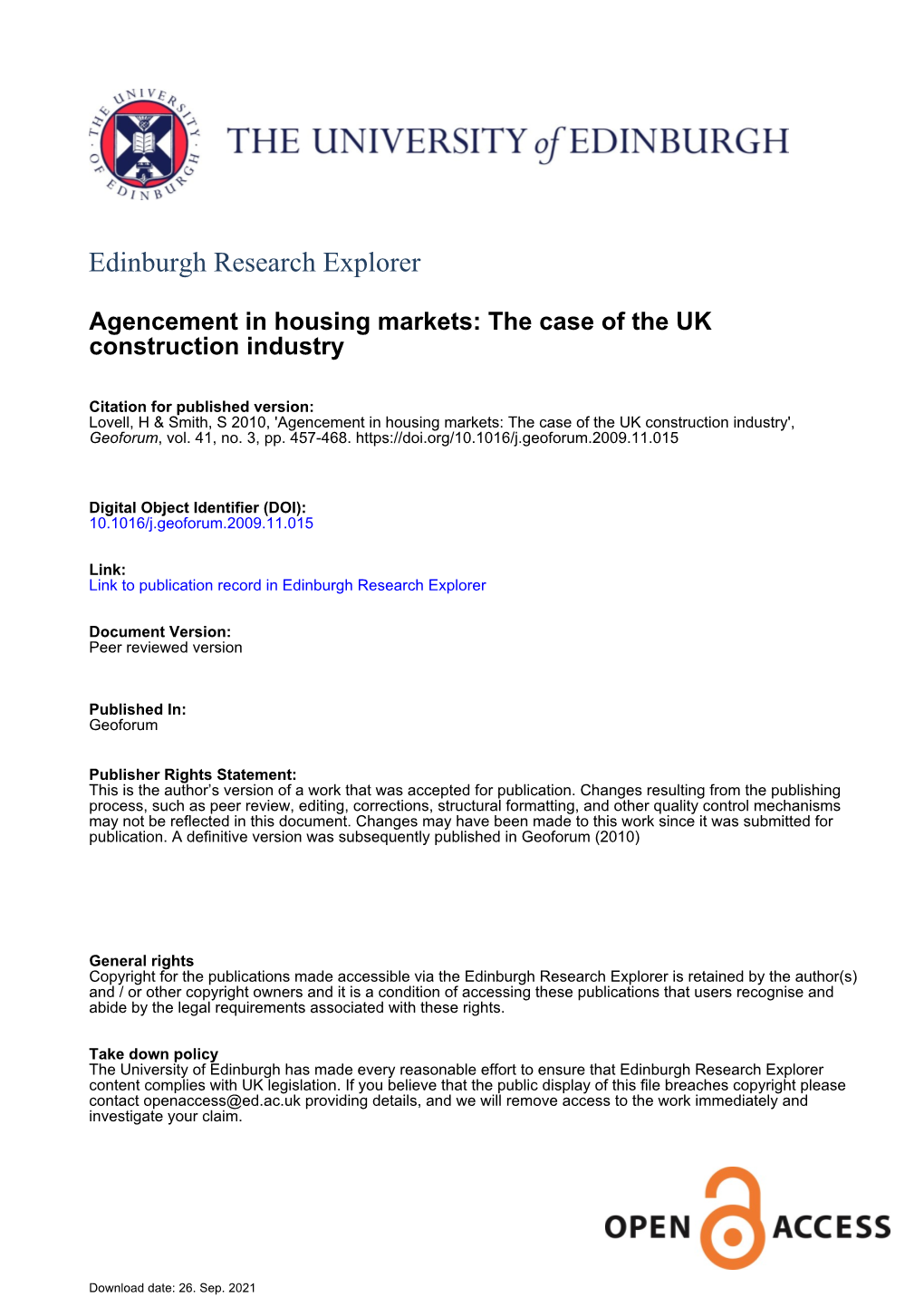 Agencement in Housing Markets: the Case of the UK Construction Industry