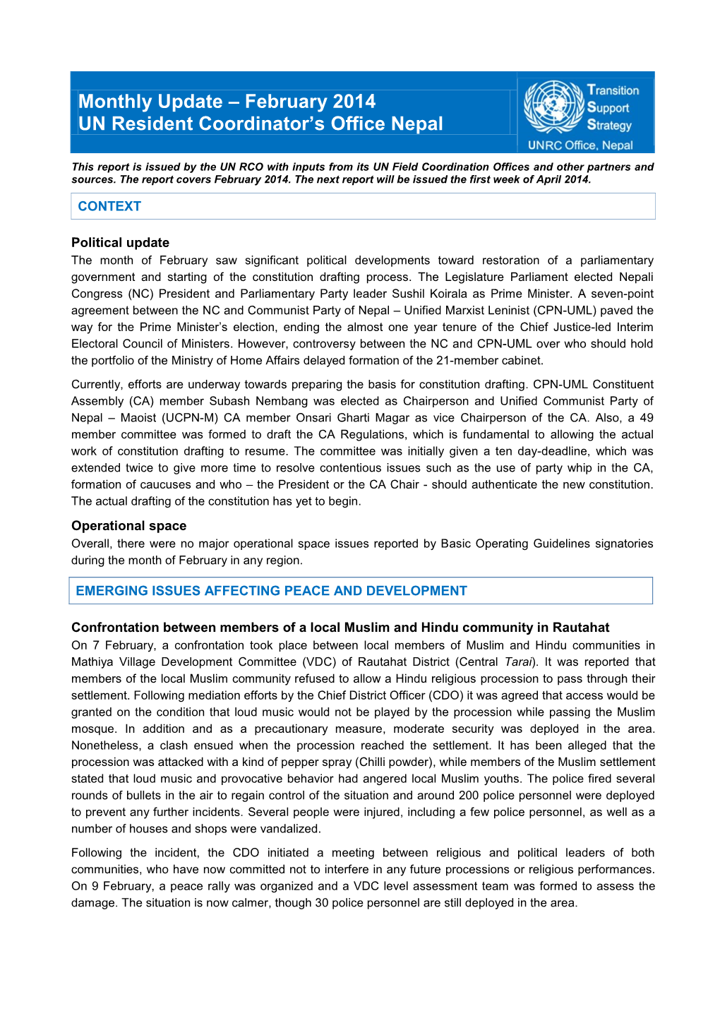 Monthly Update – February 2014 UN Resident Coordinator’S Office Nepal