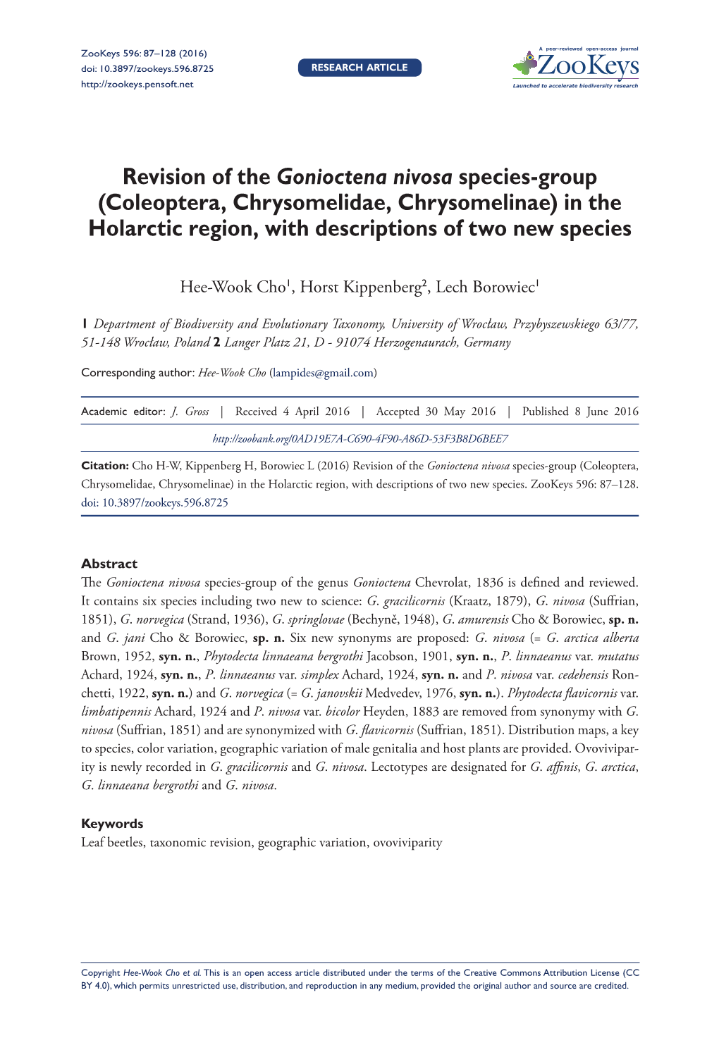 Revision of the Gonioctena Nivosa Species-Group (Coleoptera, Chrysomelidae, Chrysomelinae) in the Holarctic Region, with Descriptions of Two New Species