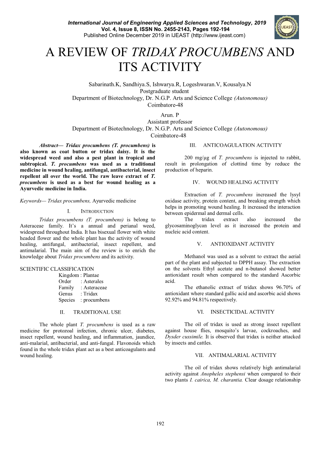 Tridax Procumbens and Its Activity