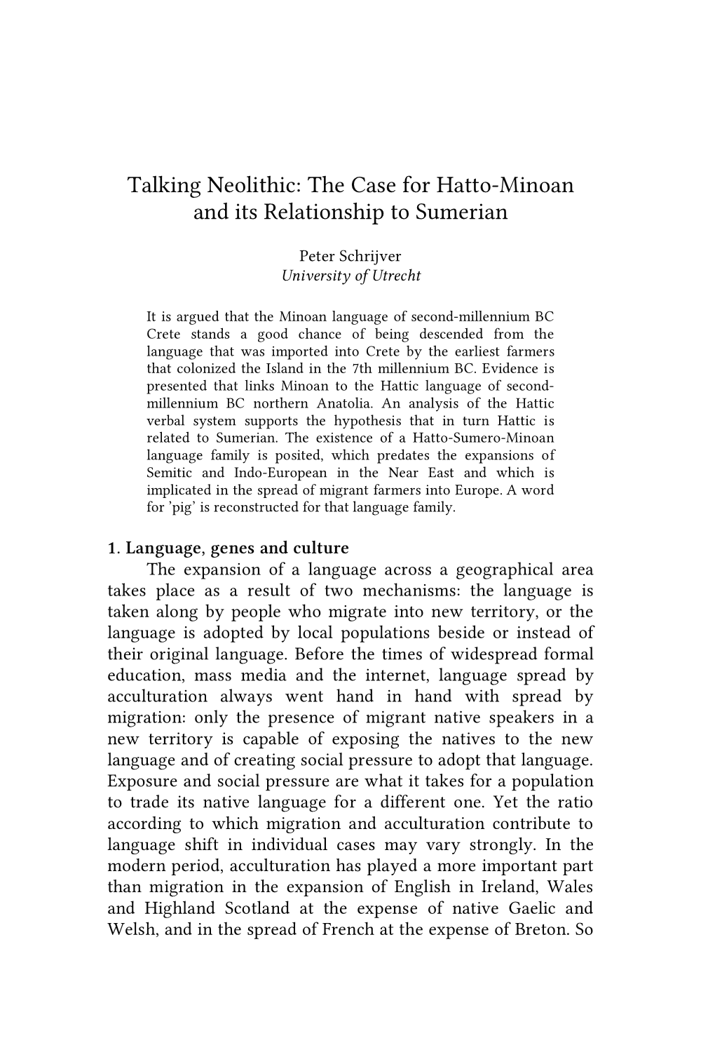 Talking Neolithic: the Case for Hatto-Minoan and Its Relationship to Sumerian