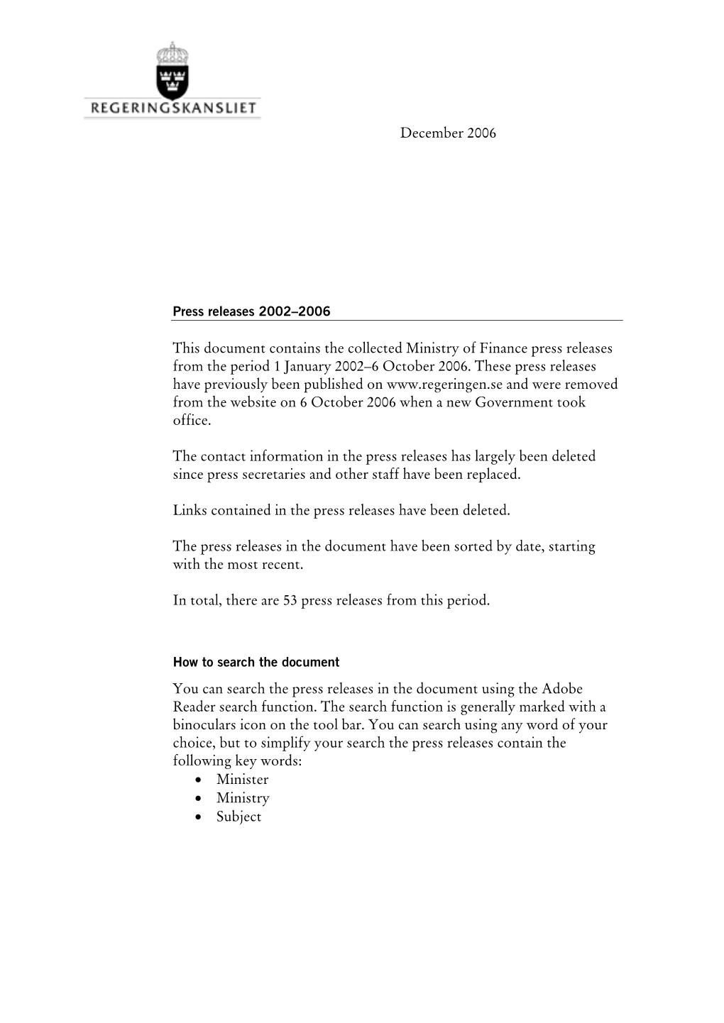 Ministry of Finance Press Releases from the Period 1 January 2002–6 October 2006